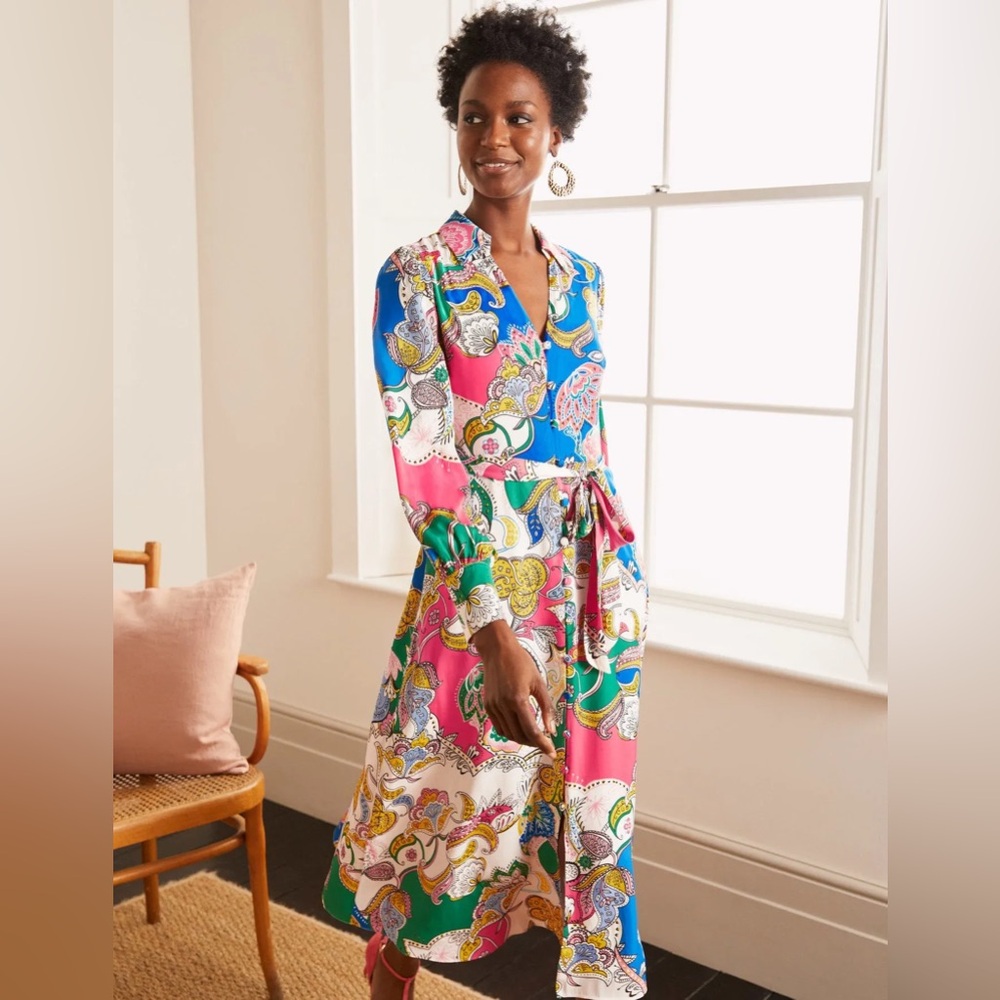 BODEN— Rosanna Midi Dress with colorful buttons and waist tie